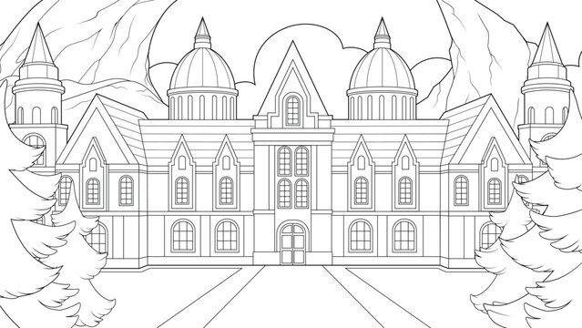 Vector illustration, winter royal palace, book coloring.