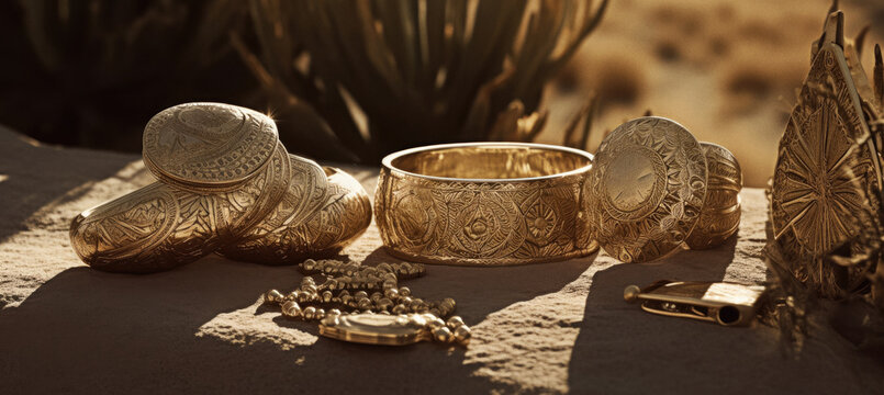 Gold jewelry set on desert background, ai-generated artwork