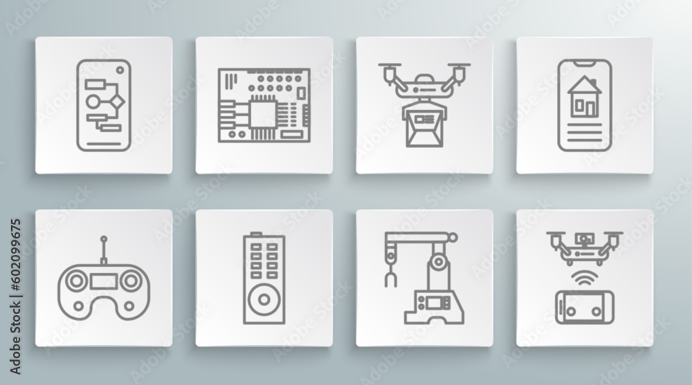 Poster set line remote control, printed circuit board pcb, assembly line, aerial drone, drone delivery conc