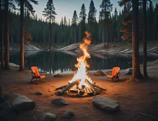 Fototapeta premium View of campfire burning by lake. Beach Bonfire at Sunset. Generated AI