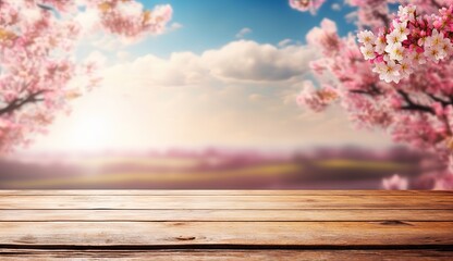 Naklejka na ściany i meble Empty wooden table over beautiful cherry blossom background. Spring and Easter mock up by ai generative