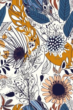 Seamless Hand-Drawn Floral Pattern on White Background