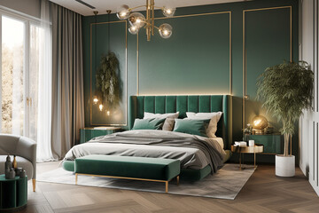 Modern minimalistic interior of the bedroom, green, white and golden colors. Super photo realistic background, generative ai illustration.