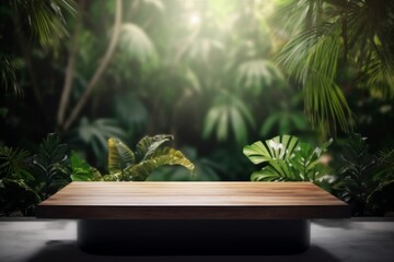 space leaf platform podium palm up design color mock wooden green. Generative AI.