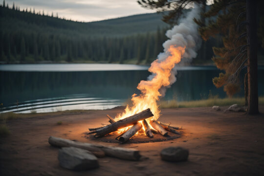View of campfire burning by lake.  Beach Bonfire at Sunset. Generated AI