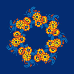 Traditional Ukrainian painting of Petrykivka. Elements of blue and yellow floral ornament. Decorative composition for the background. Repeating pattern. Wreath of flowers.