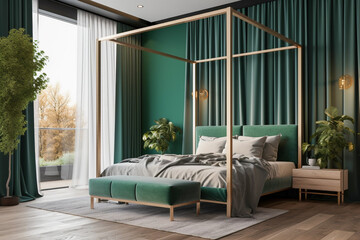 Modern minimalistic interior of the bedroom, green, white and golden colors. Super photo realistic background, generative ai illustration.