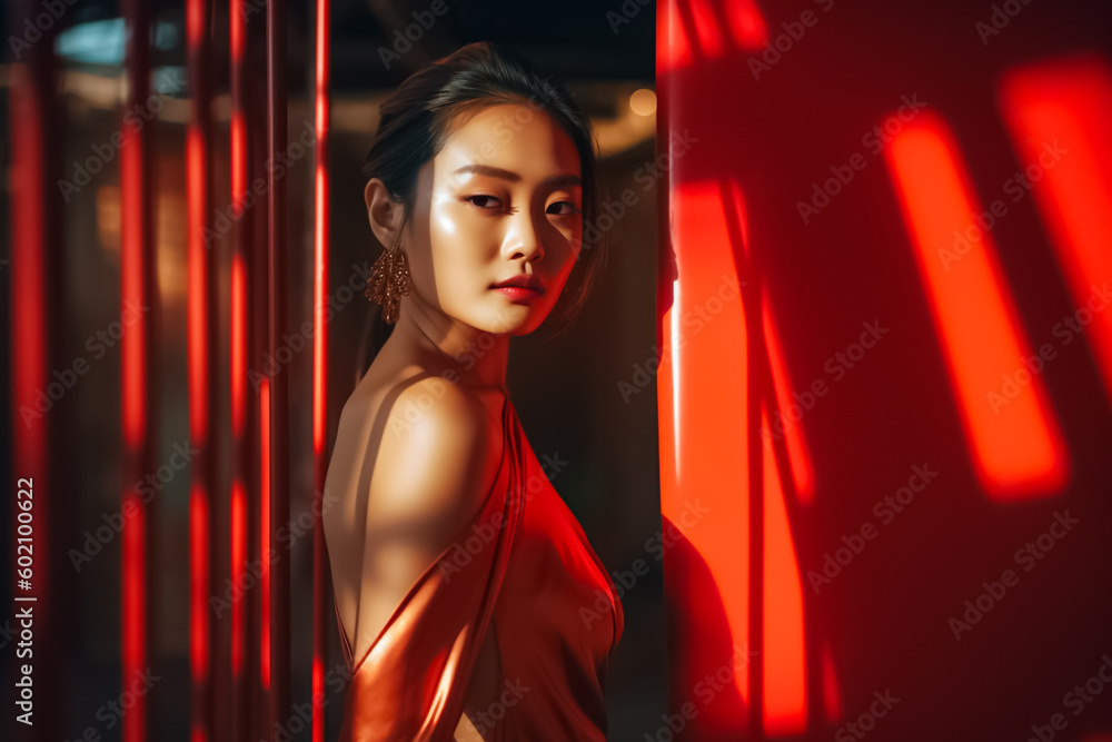 Wall mural with bold lighting casting deep shadows, a confident asian woman stands before a vivid red backgroun