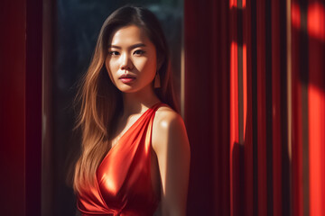 With bold lighting casting deep shadows, a confident Asian woman stands before a vivid red background, exuding strength and power in her confident pose. generative AI.