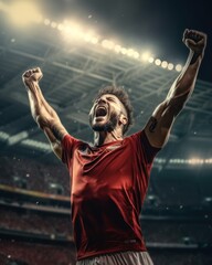 soccer player celebrating a goal with arms