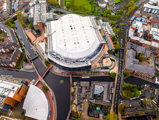 Aerial view of Birmingham, a major city in England’s West Midlands region, with multiple...