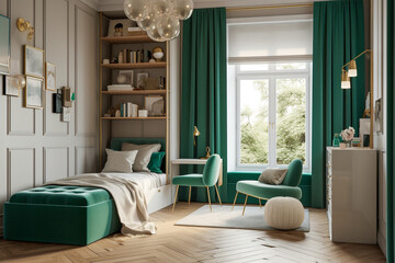 Modern minimalistic interior of the childrens room, green, white and golden colors. Super photo realistic background, generative ai illustration.