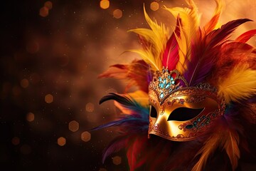 A Majestic Carnival Mask Ornamented with Gold and Colourful Feathers: the Symbol of Vibrant Venice Celebrations, Generative AI