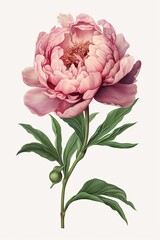 Beautiful Pink Peony Flower Head in a Single Bloom, with Stem and Green Leaves Isolated - A Floral Decoration, Generative AI