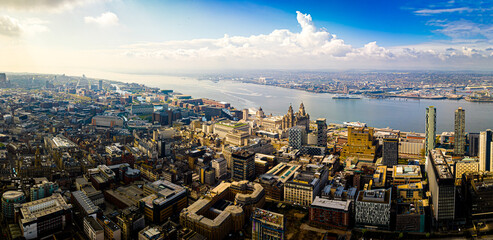 Aerial view of the Royal Liver building, a Grade I listed building in Liverpool, England