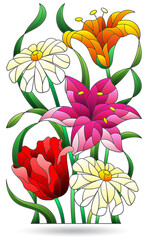 A set of contour illustrations in the style of stained glass with flower bouquets, flowers isolated on a white background