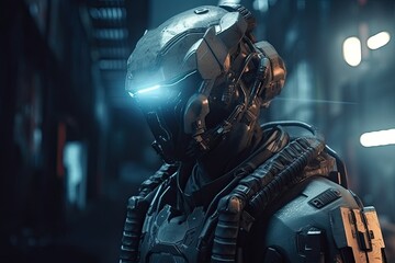 Future Warrior: 3D Cyborg Astronaut with Supersonic Gun Shakes Up Cyberpunk City. Generative AI