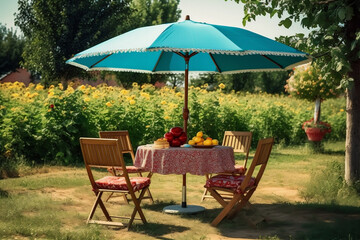 Outdoor Garden Experience, Table, Chairs, and Umbrella for Your Spring/Summer Picnic, generative Ai