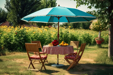 Obraz premium Outdoor Garden Experience, Table, Chairs, and Umbrella for Your Spring/Summer Picnic, generative Ai
