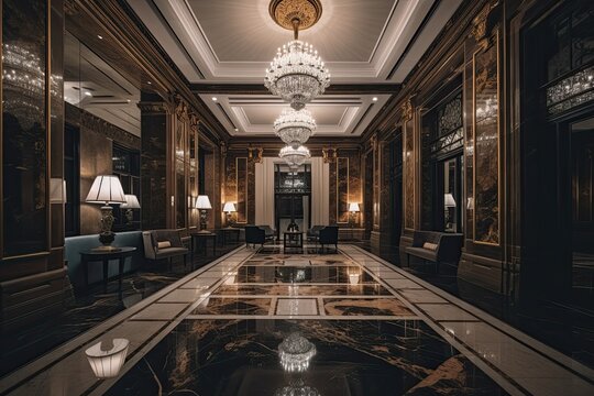 The Elegant Illumination of a Luxury Modern Hotel Lobby: Nighttime View of Indoor Architecture, Decoration, Table, Ceiling and Flooring, Generative AI