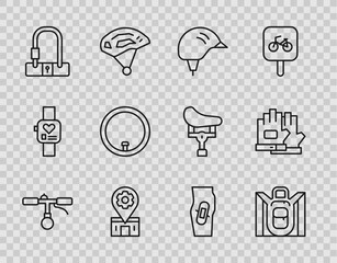 Set line Bicycle handlebar, Hiking backpack, helmet, repair service, lock, wheel, Plaster on leg and Gloves icon. Vector
