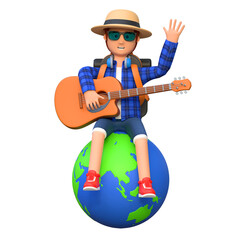 backpacker sitting in globe earth while playing guitar 3d cartoon character illustration