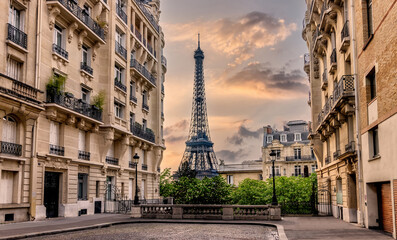 Fototapeta na wymiar Paris instagram location, France, Avenue de Camoens. Overlooking the Eiffel Tower. Classic French architecture and view in Paris City Centre. 