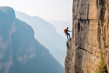 Unidentified man doing a steep mountain via ferrata Generative AI