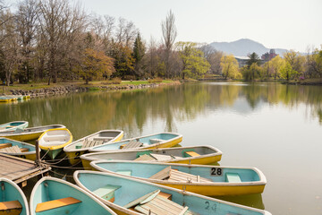 Nakajima park pond and boat in Sapporo, Hokkaido, Japan