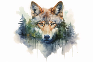 Portrait of wolf double exposure with forest watercolor Generative AI Generative AI