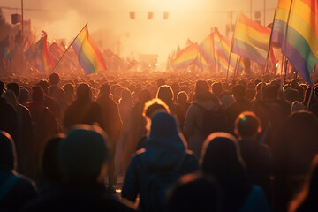 Fototapeta na wymiar Rear view of a crowd at LGBTQ parade Generative AI