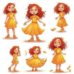 A little girl , curly red hair, wearing yellow dress, different poses, full body image, children's book style, illustration. Vector graphic