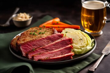 An overhead shot of a plate of traditional Irish corned beef and cabbage with a green beer in the background. Generative AI