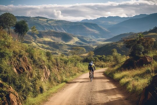 Cycling in Colombia South America. Bicycle rider in Latin America. Palms, forest, nature and landscape of Ecuador. Generative Ai.