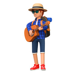 backpacker playing guitar 3d cartoon character illustration
