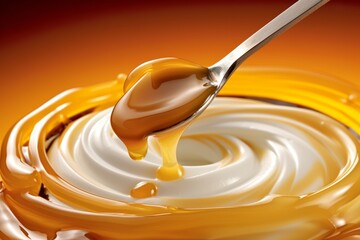 A close-up shot of a spoon dipping into a container of yogurt with a swirl of honey on top. Generative Ai