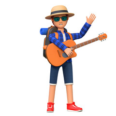 backpacker playing guitar 3d cartoon character illustration