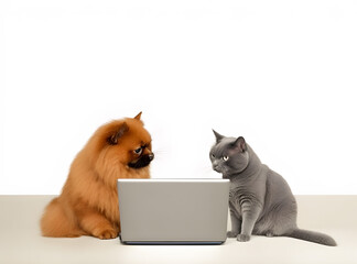 Adorable cat and dog with laptop. Concept of hardworking pets. AI generated image.