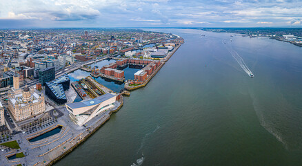 Aerial view of Liverpool waterfront ready for Europvision song contest 2023, England