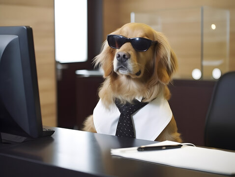 Golden retriever dog working in office. Concept of officer, chairman, chief or boss. AI generated image