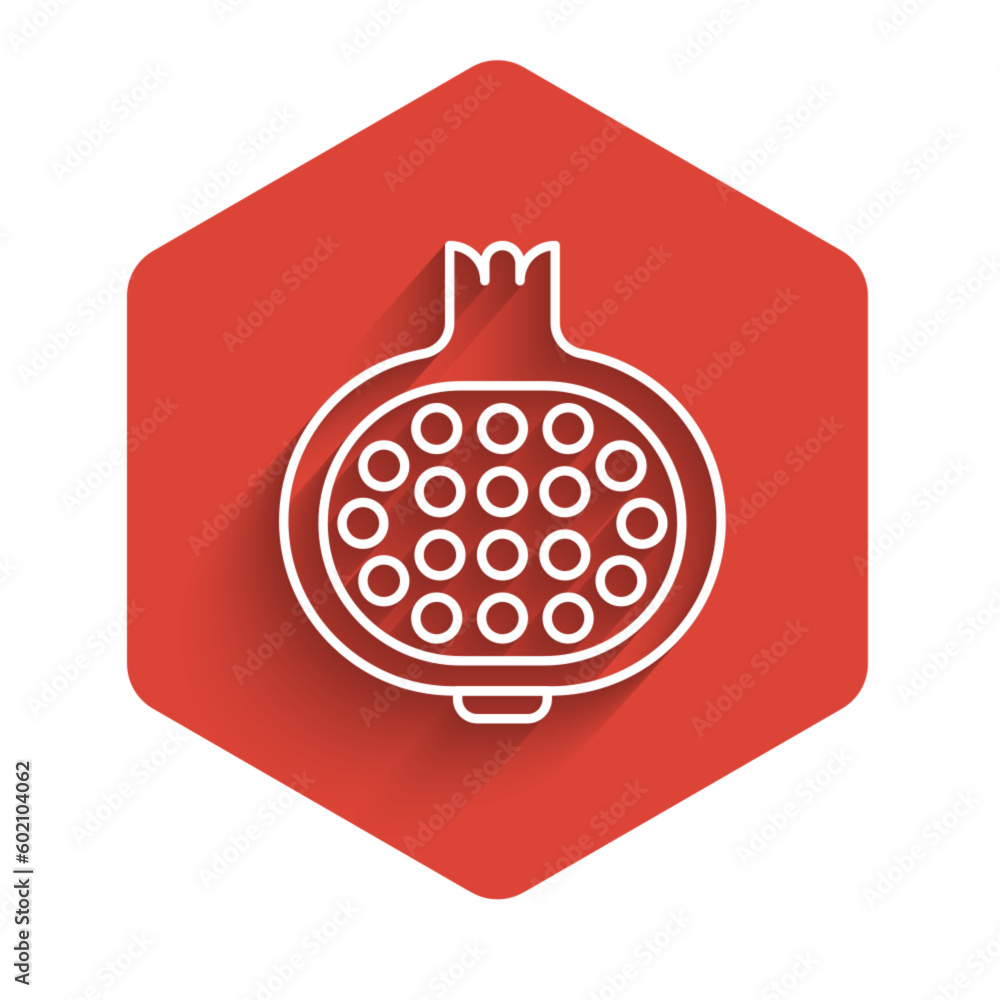 Poster white line pomegranate icon isolated with long shadow. garnet fruit. red hexagon button. vector