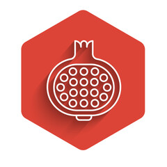 White line Pomegranate icon isolated with long shadow. Garnet fruit. Red hexagon button. Vector