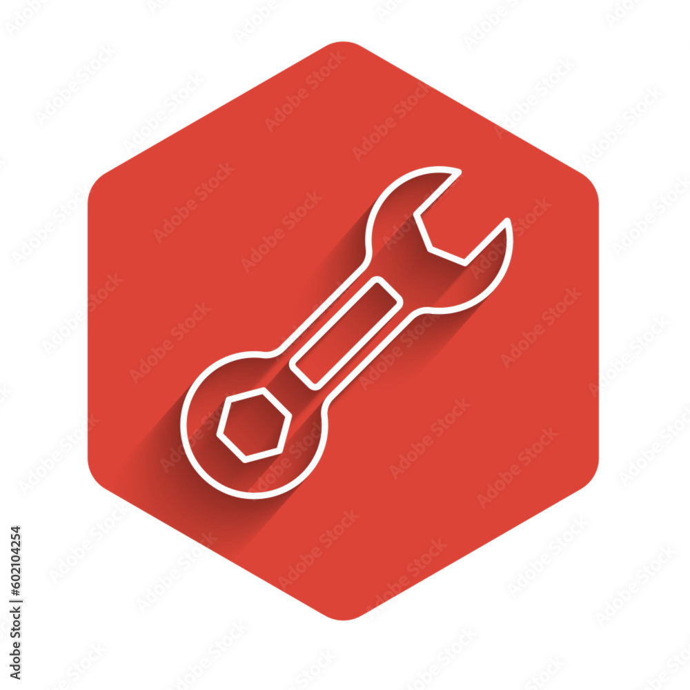 Poster white line wrench spanner icon isolated with long shadow. red hexagon button. vector