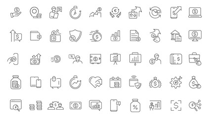 Money and taxes linear icons collection.Money and taxes black icons.Big UI icon set in a flat design. Thin outline icons pack. Vector illustration