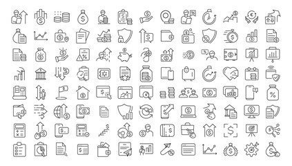 Money and taxes linear icons collection.Money and taxes black icons.Big UI icon set in a flat design. Thin outline icons pack. Vector illustration