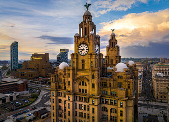 Aerial view of the Royal Liver building, a Grade I listed building in Liverpool, England