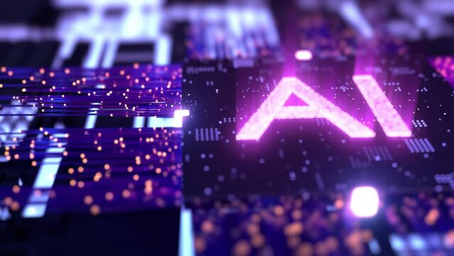 Magenta AI digital processor powers motherboard with neural connections.