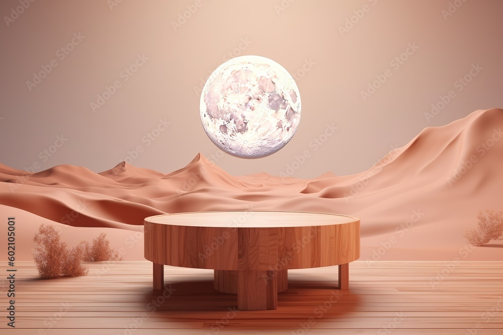 Poster a wooden table with a carving of a moon placed above it generative ai