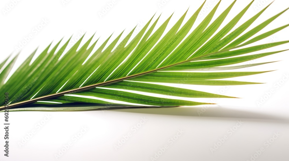 Poster a close-up of a leaf that is green and is set against a white backdrop generative ai