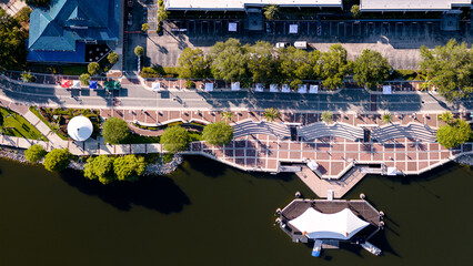 Aerial top-down view of Cranes Roost Park located in uptown Altamonte Springs, Florida, USA....
